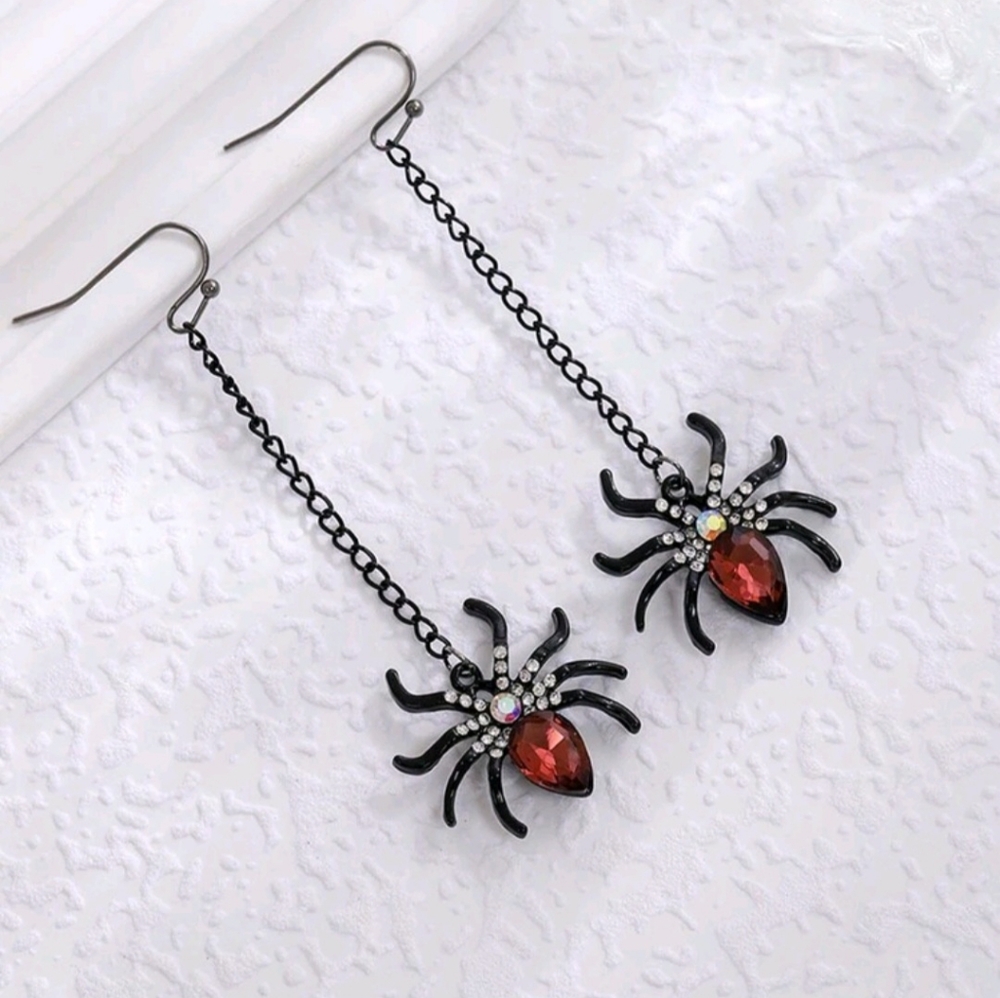 Stunning Glam Goth Long Tassel Spider Dangle Drop Crystal Gemstone Earrings New!